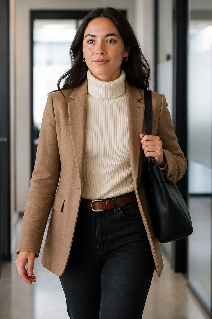 Cream turtleneck with camel blazer over dark straight jeans and tan ankle boots