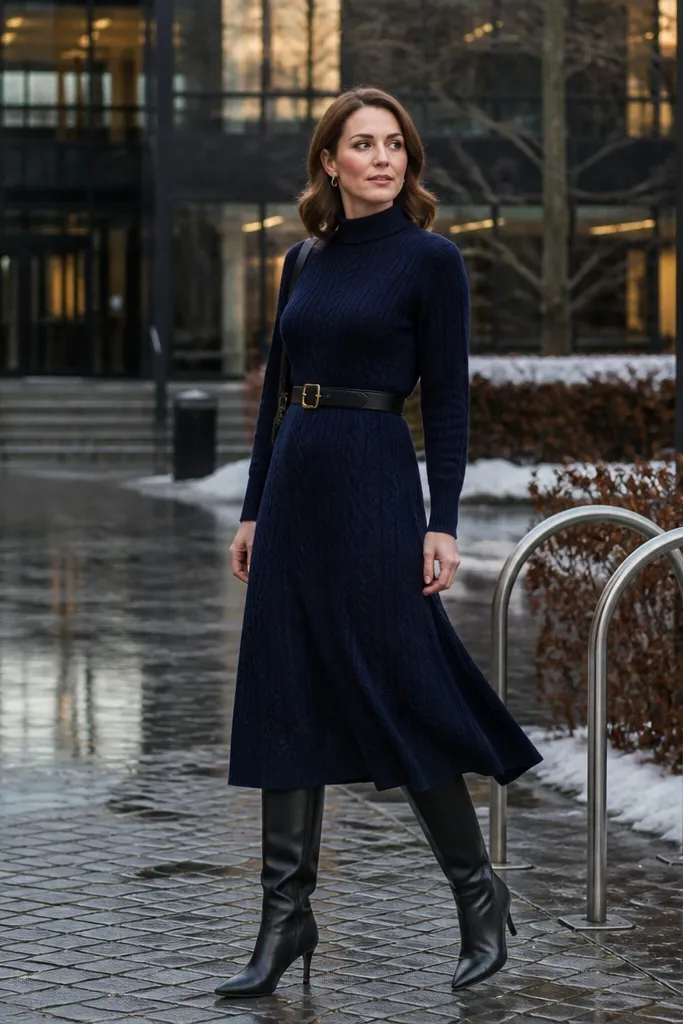 Navy midi sweater dress with a belt and knee-high boots