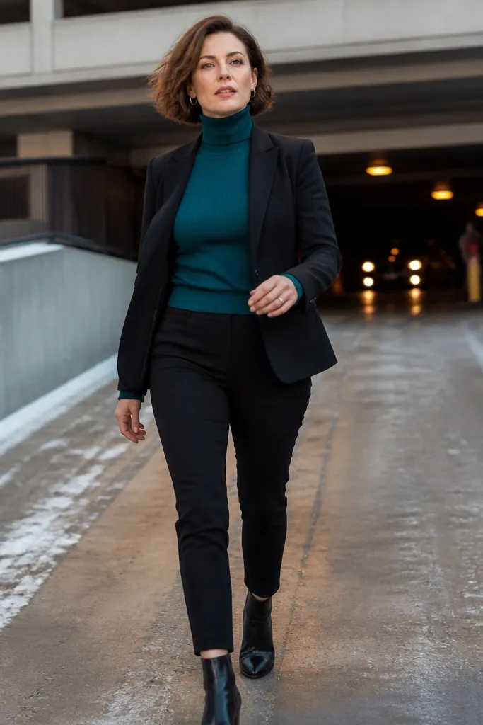 Teal turtleneck with black blazer and slim ankle pants with black ankle boots