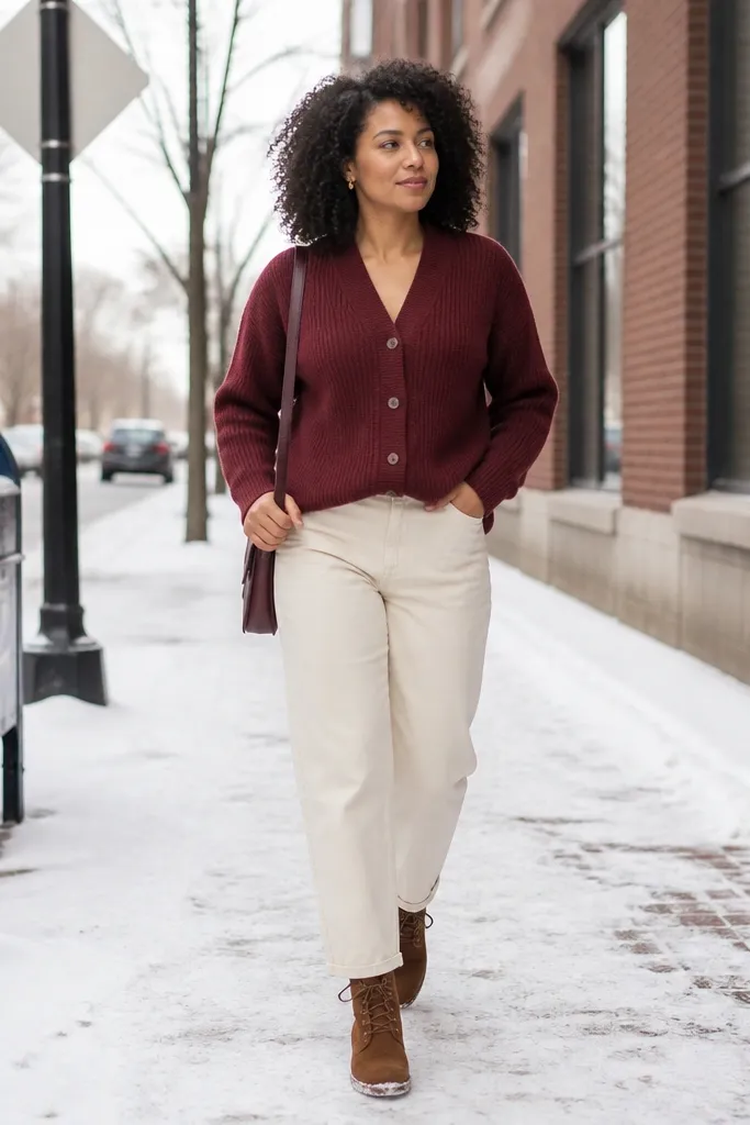 Burgundy cardigan over cream straight jeans with suede chukka boots