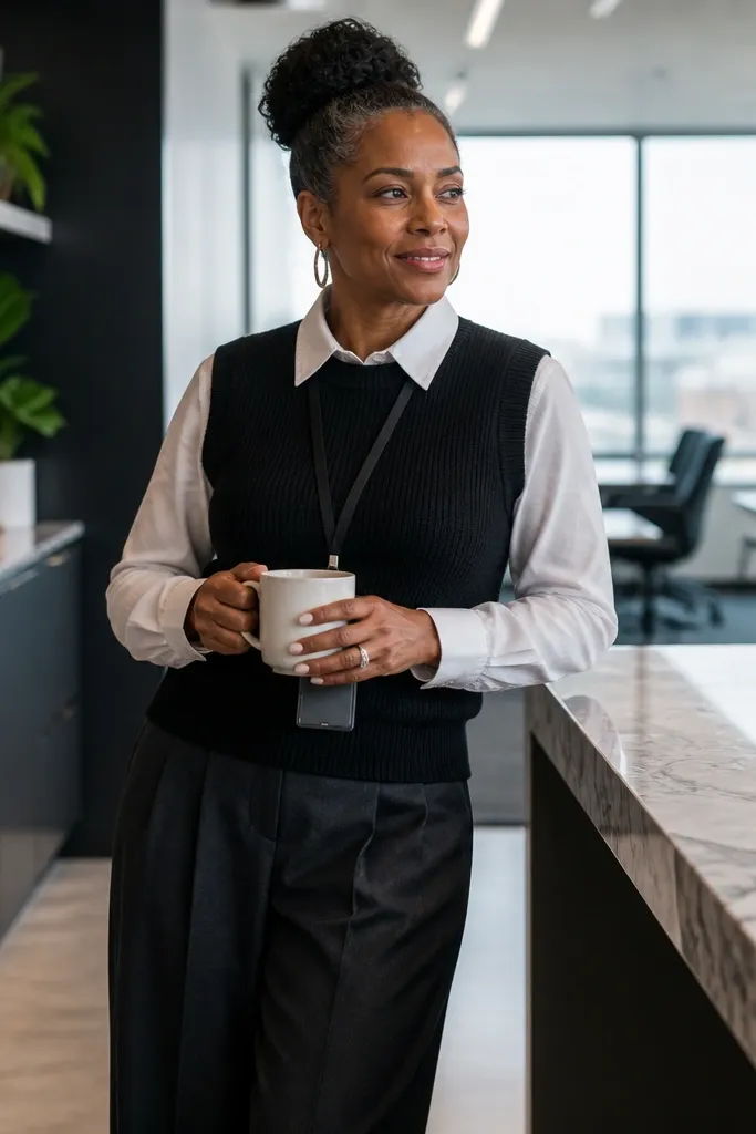 White blouse under a black sweater vest with wide black trousers