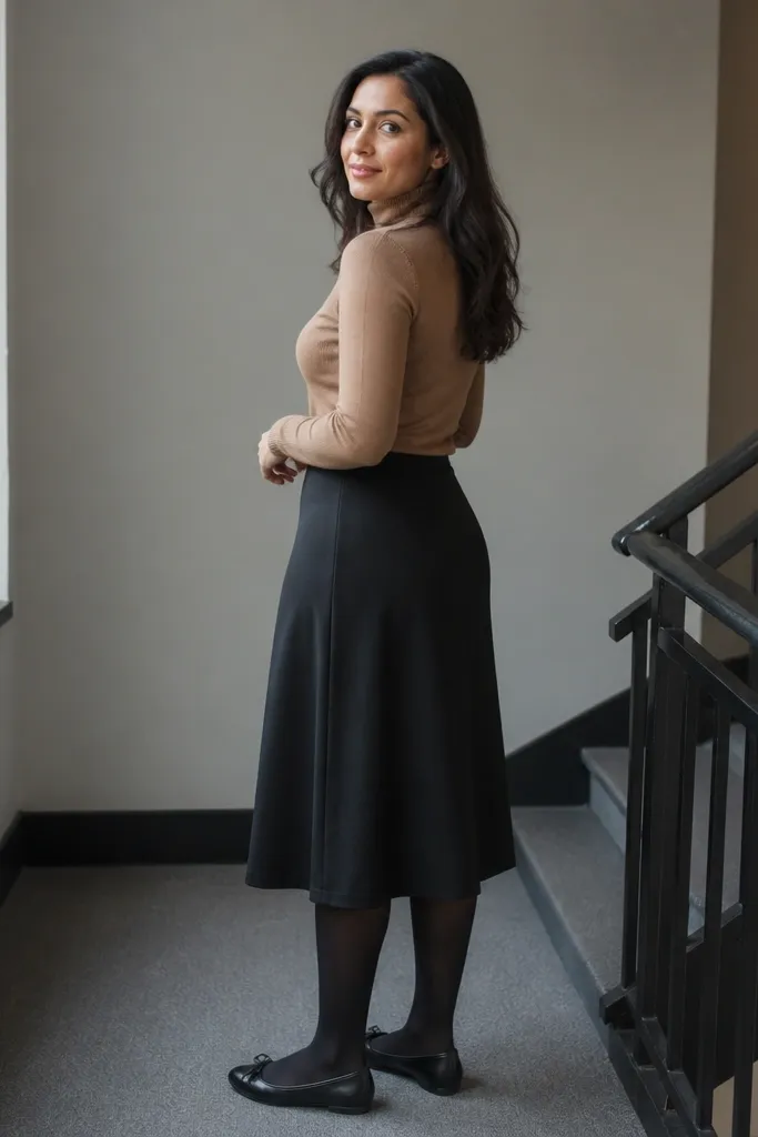 Camel turtleneck with black midi skirt, dark tights, and black ballet flats
