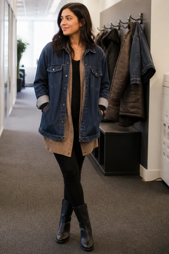 Denim overshirt over a long cardigan with black leggings and brown boots