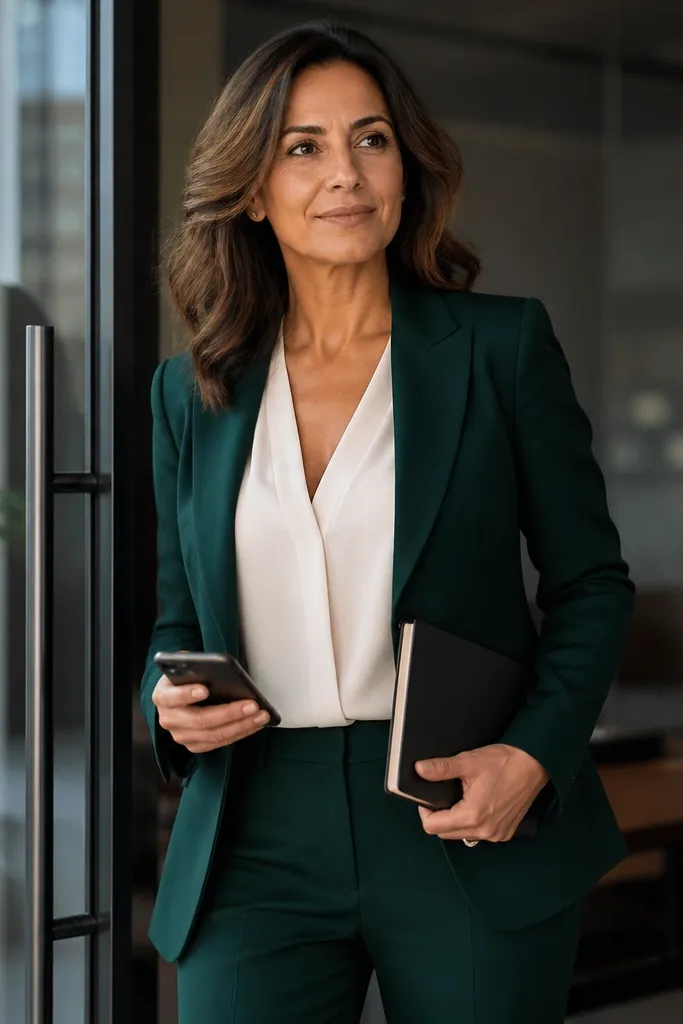 Dark green blazer over a cream blouse with slim straight pants and black heels