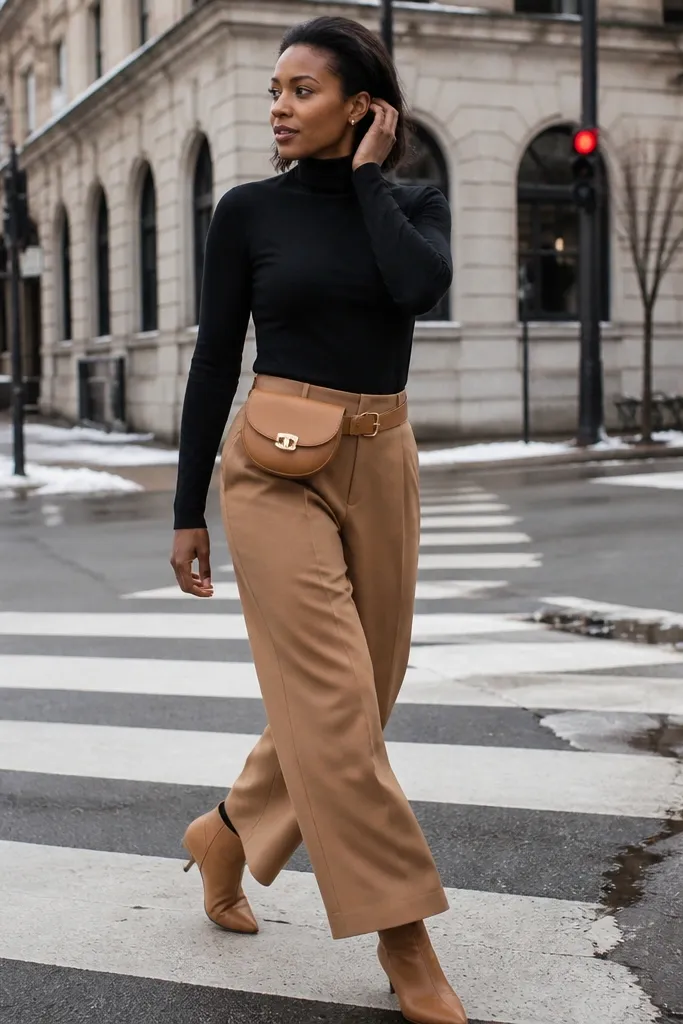 Black turtleneck with camel wide-leg trousers and a small belt bag with tan ankle boots