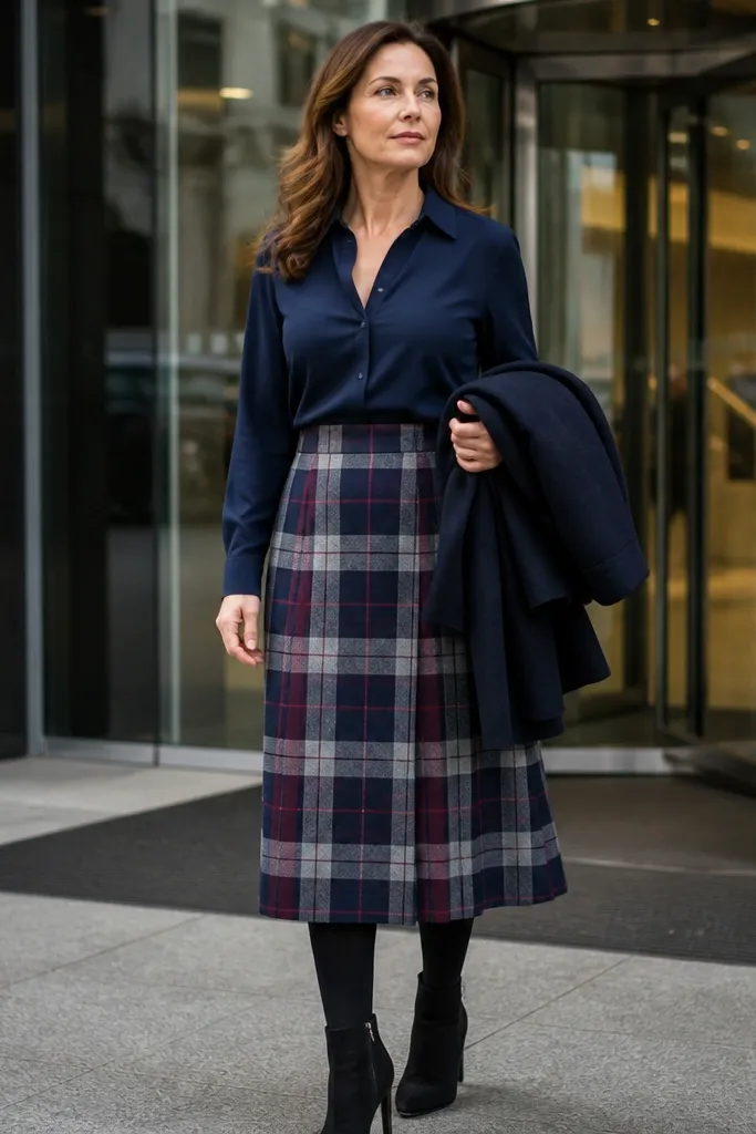 Navy blouse tucked into a plaid midi skirt with black tights and ankle boots