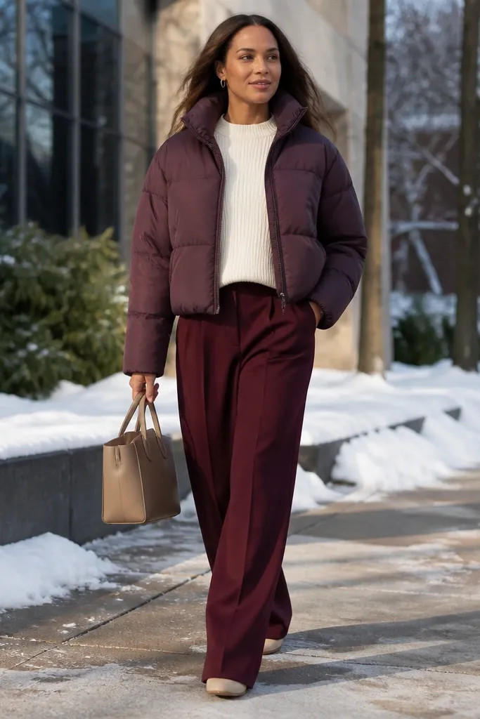 Cream sweater with burgundy trousers and a short black puffer jacket