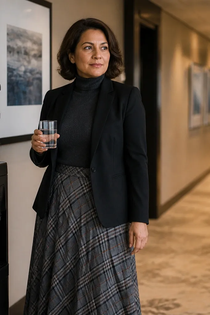 Charcoal turtleneck with plaid midi skirt and black blazer