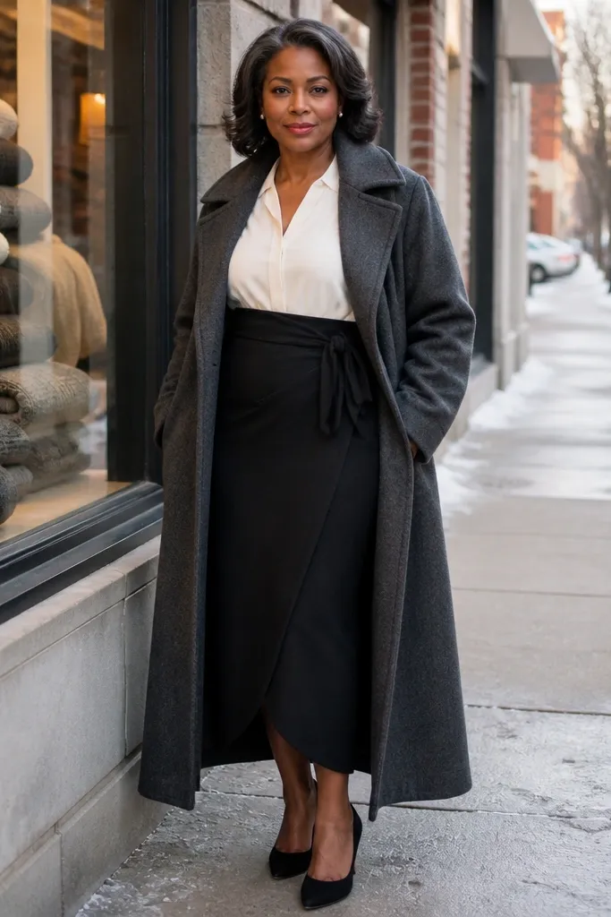 Ivory blouse with black wrap skirt and a wool coat in dark gray