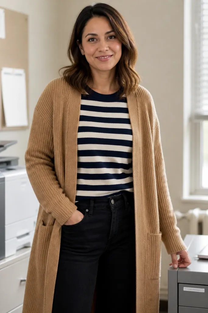 Striped knit top with black jeans and a long camel cardigan