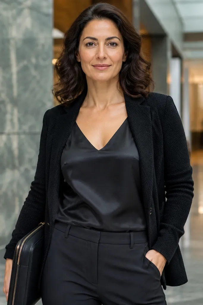Black satin camisole layered under a sweater blazer with tailored trousers and loafers