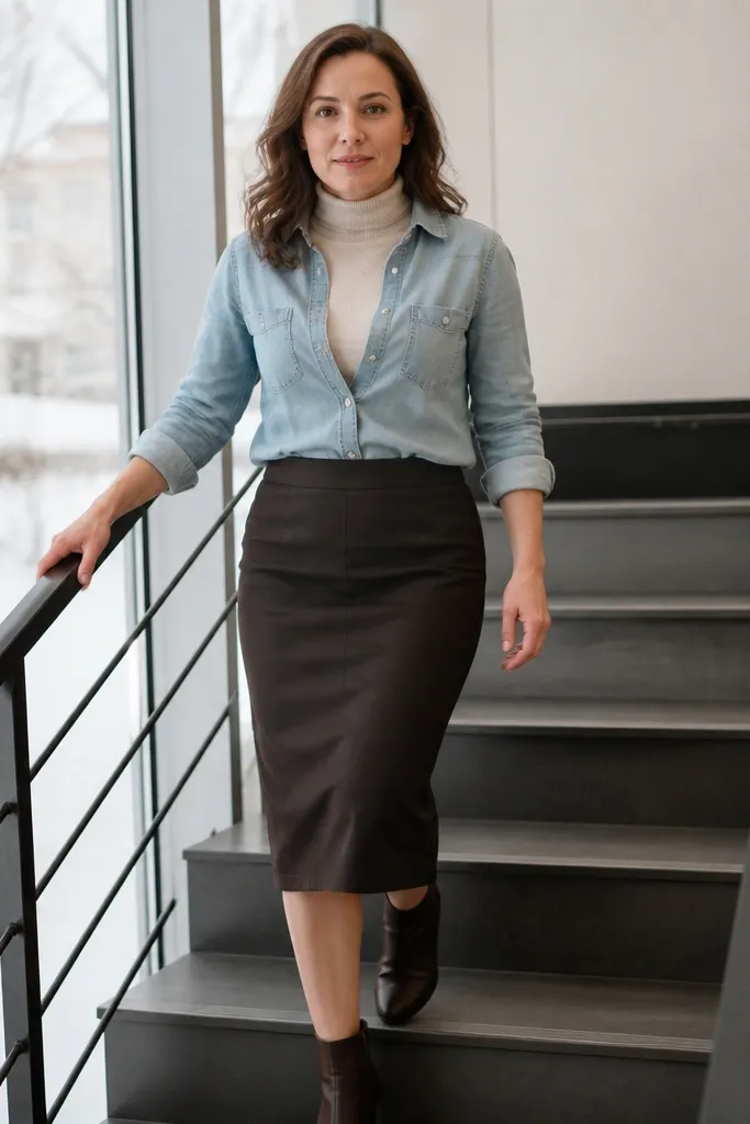 Cream turtleneck under a light denim button-up with a dark skirt and ankle boots