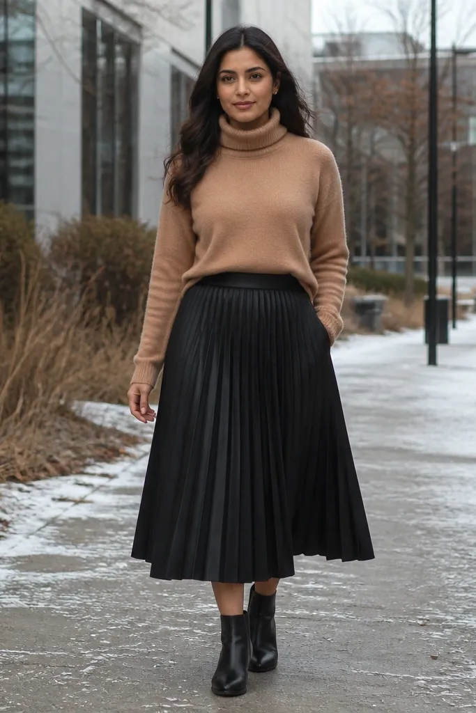 Camel turtleneck with black pleated midi skirt and black Chelsea boots