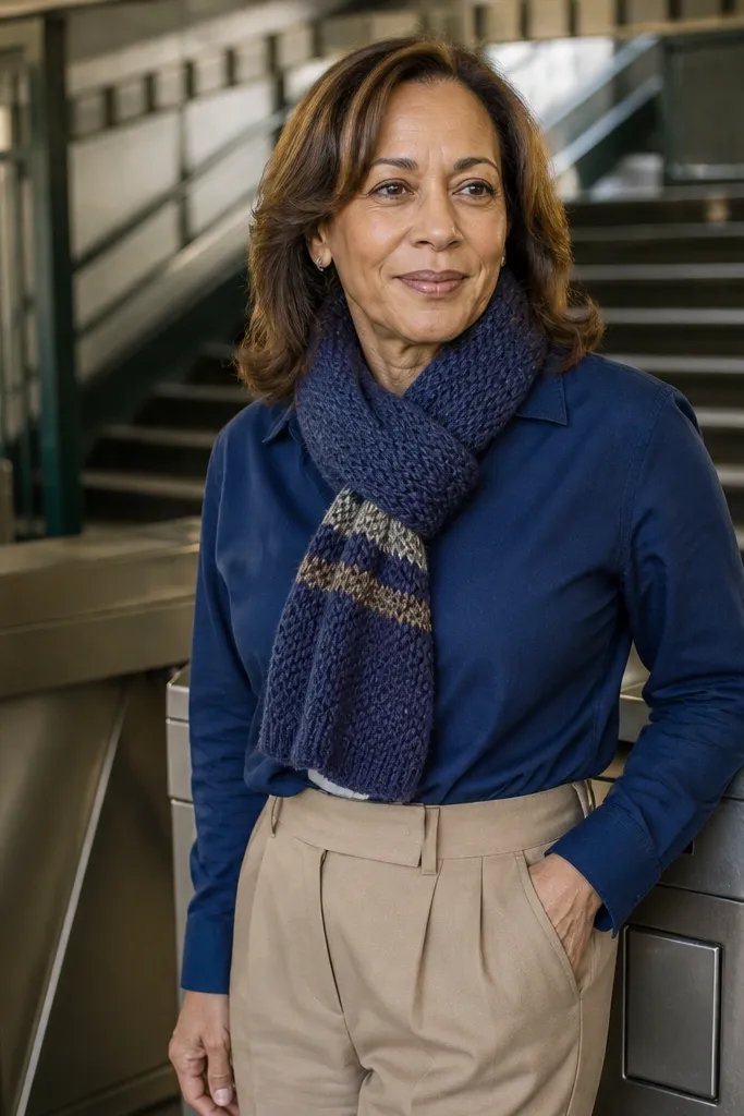 Midnight blue button-up with beige trousers and a knit scarf tied at the neck