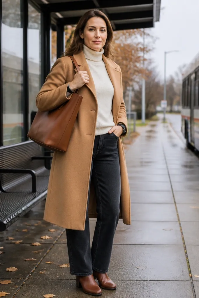 Cream turtleneck with charcoal jeans, camel long coat, and brown ankle boots