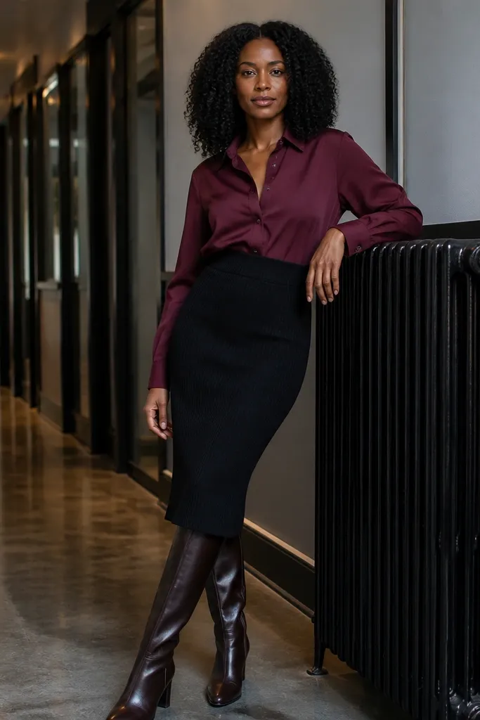 Black knit midi skirt with burgundy button-up and tall riding boots
