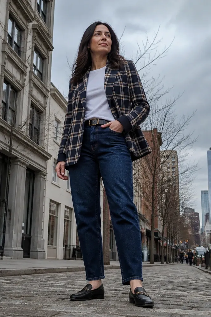 Plaid blazer over white crewneck with dark-wash jeans and black Chelsea boots
