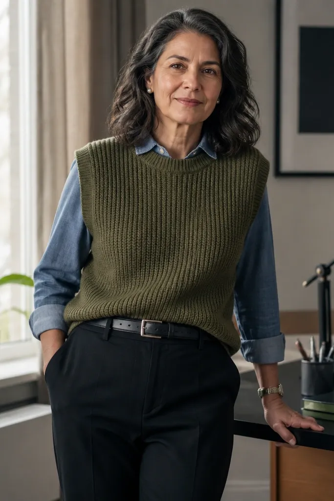 Olive sweater vest over chambray shirt with black trousers and loafers