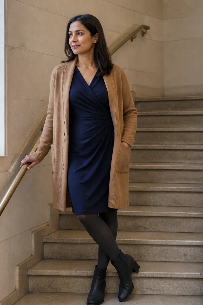 Camel cardigan over navy wrap dress with opaque tights and ankle boots