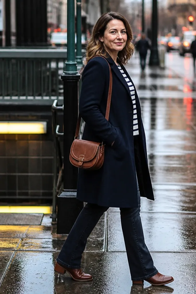 Navy blazer coat over striped knit top with dark jeans and brown boots