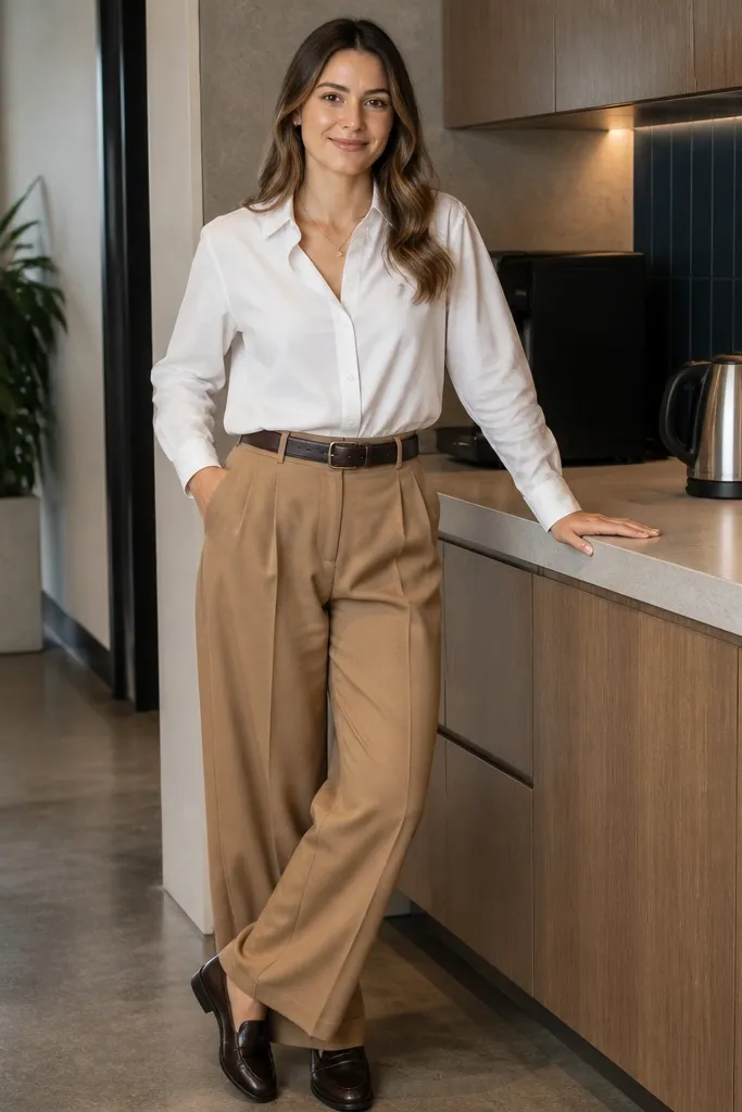 White button-up with camel wide-leg trousers and black loafers