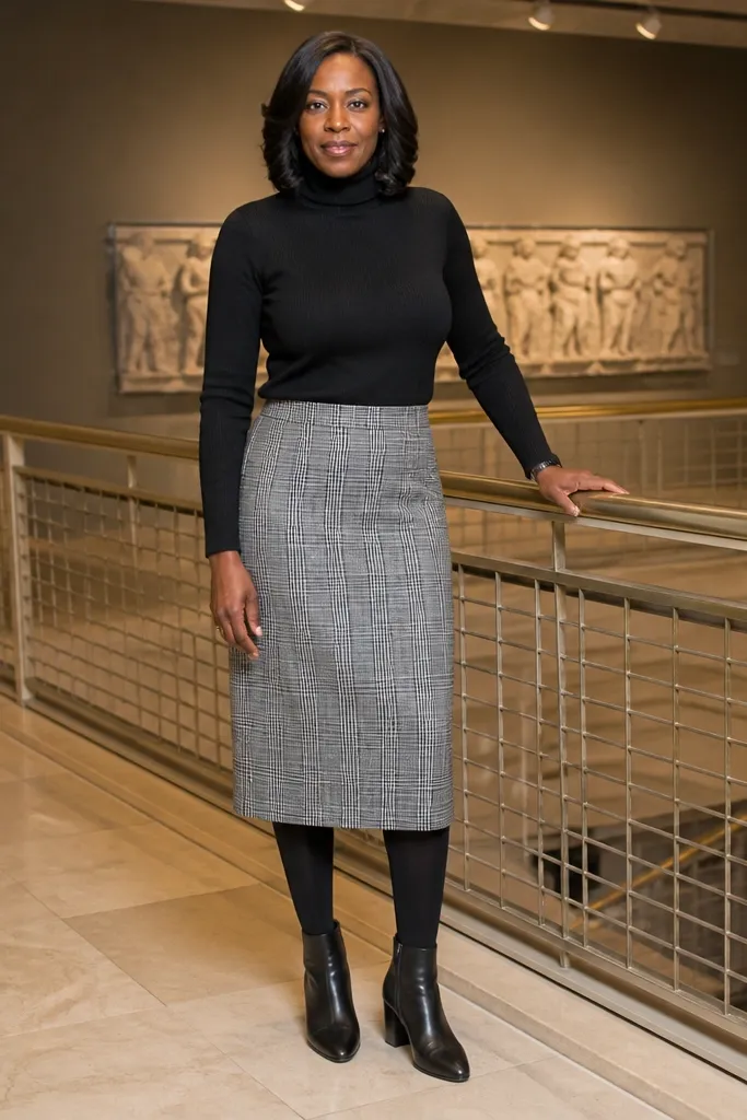 Black turtleneck with gray plaid skirt, opaque tights, and block-heel boots
