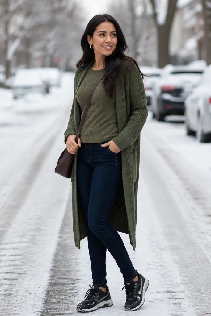 Moss-green long cardigan over fitted top with skinny jeans and dark ankle boots