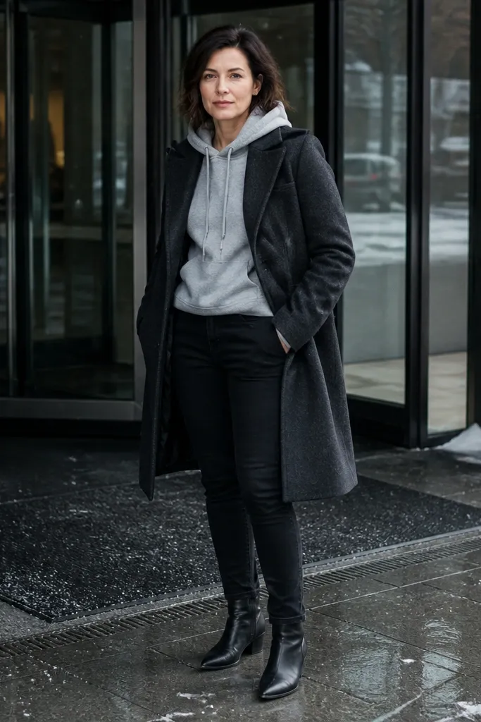 Light gray hoodie under structured wool coat with black jeans and black boots