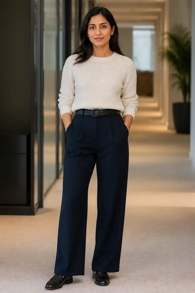 Cream sweater tucked into navy wide-leg trousers with black leather belt and loafers