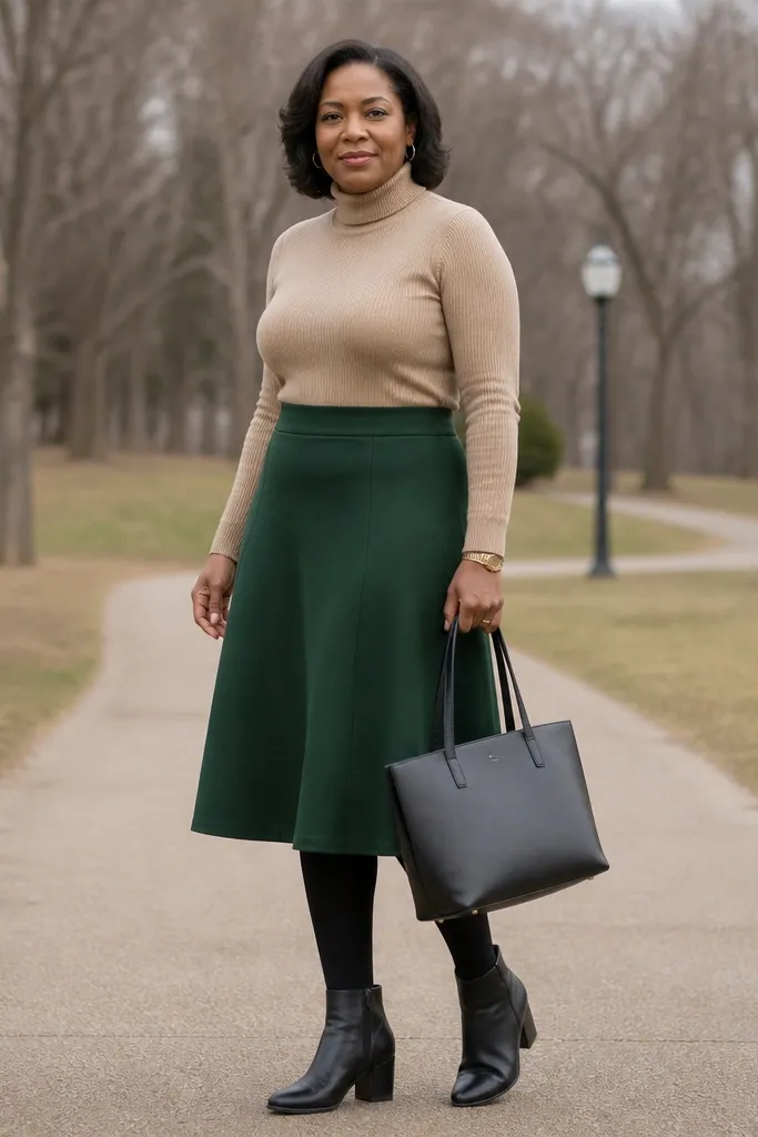 Camel turtleneck with dark green skirt, black tights, and ankle boots