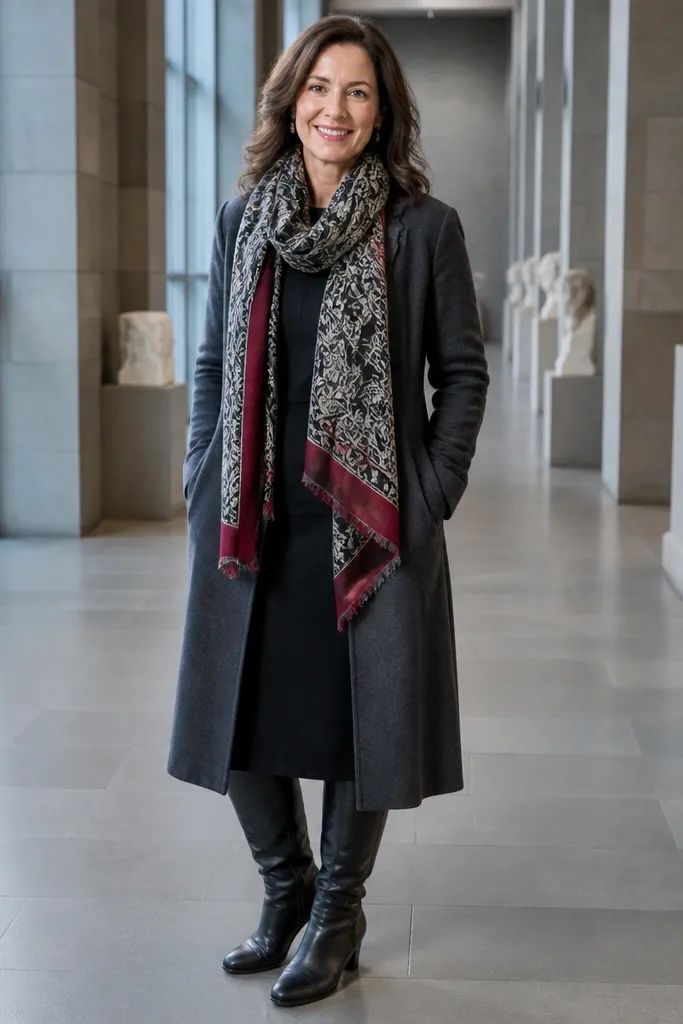 Black long-sleeve dress with patterned scarf and long coat