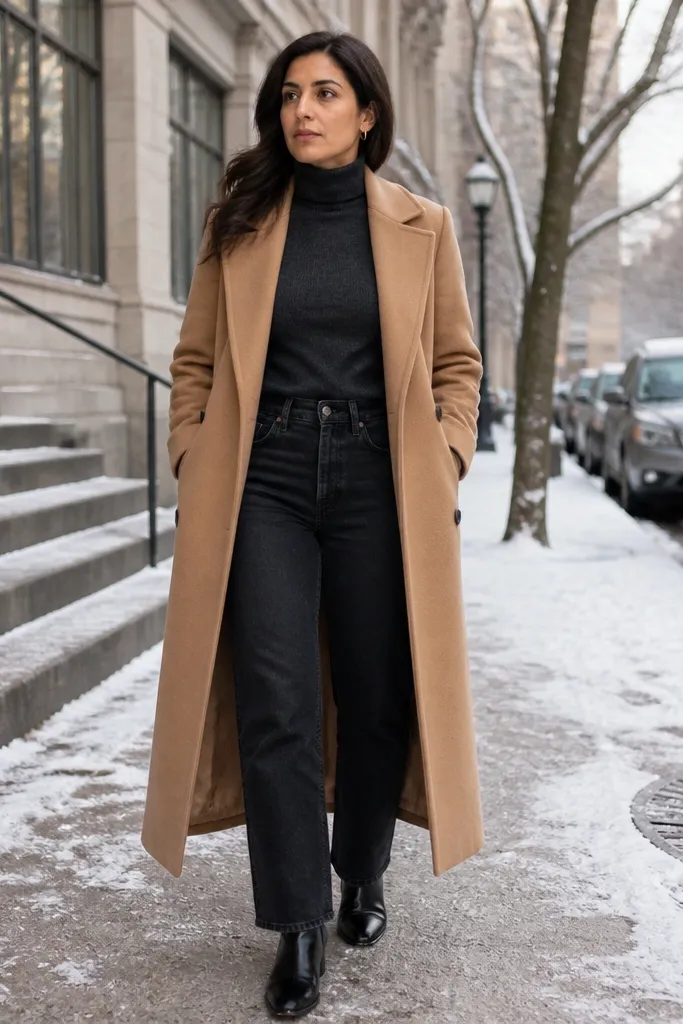 Charcoal turtleneck with dark straight-leg jeans and a camel overcoat with brown boots