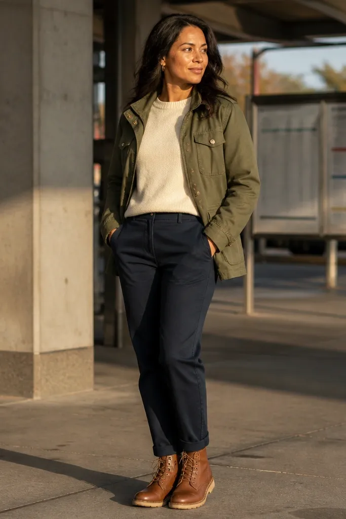 Cream crewneck sweater with navy chinos and an olive field jacket and tan boots