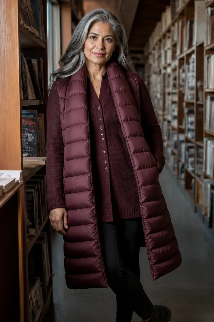 Burgundy cardigan over black leggings with a long puffer coat and dark ankle boots