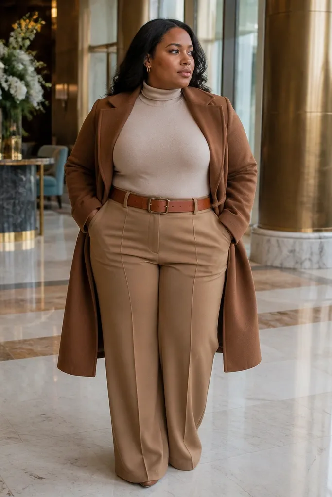 Oatmeal turtleneck with camel wide-leg trousers and a brown belted coat and loafers