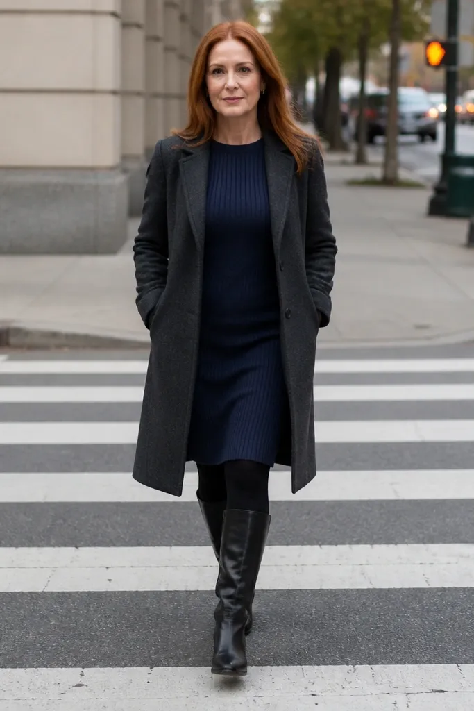 Navy knit dress with black tights and a knee-length wool coat and heeled boots