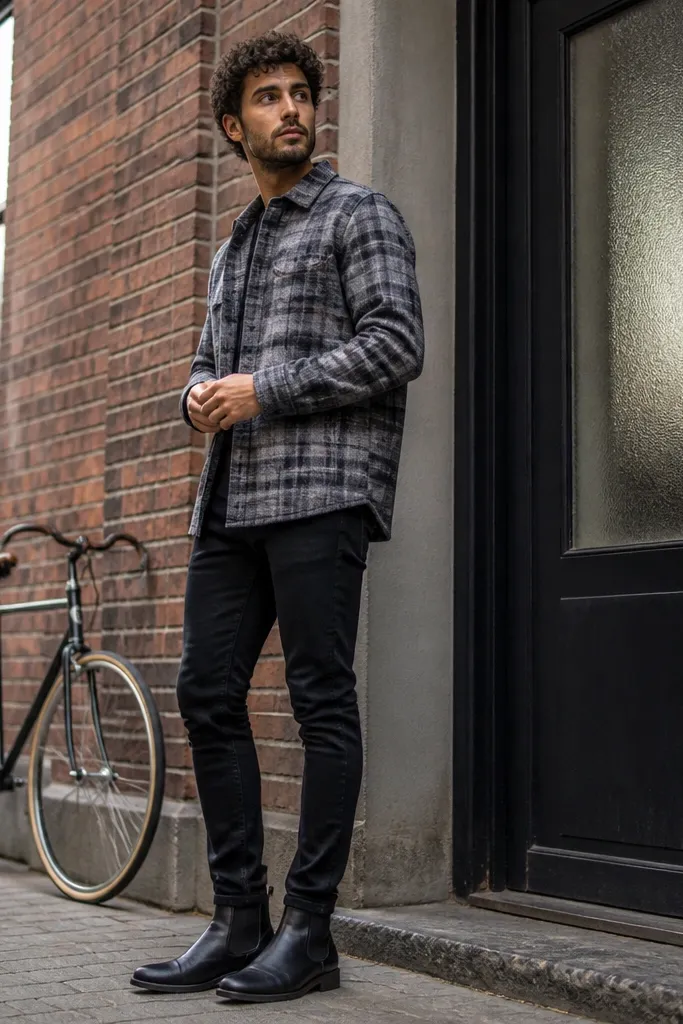 Gray plaid overshirt with dark skinny jeans and black Chelsea boots