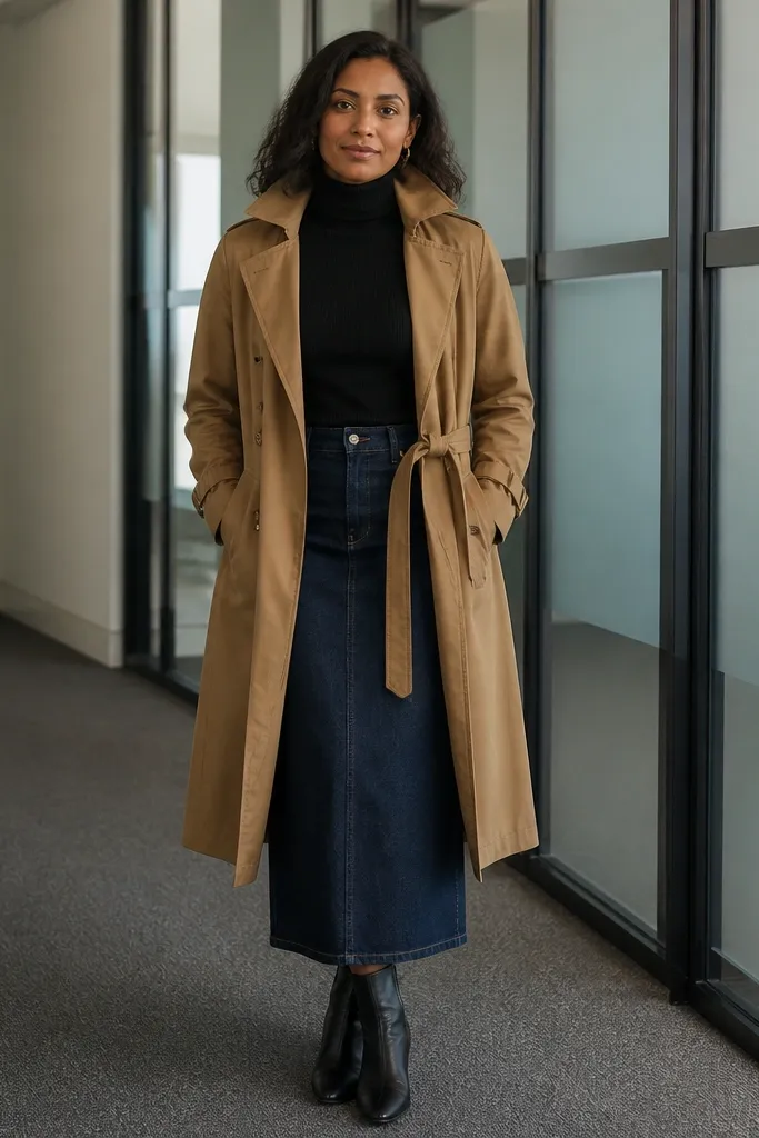 Black turtleneck with camel trench over a straight denim skirt and brown boots