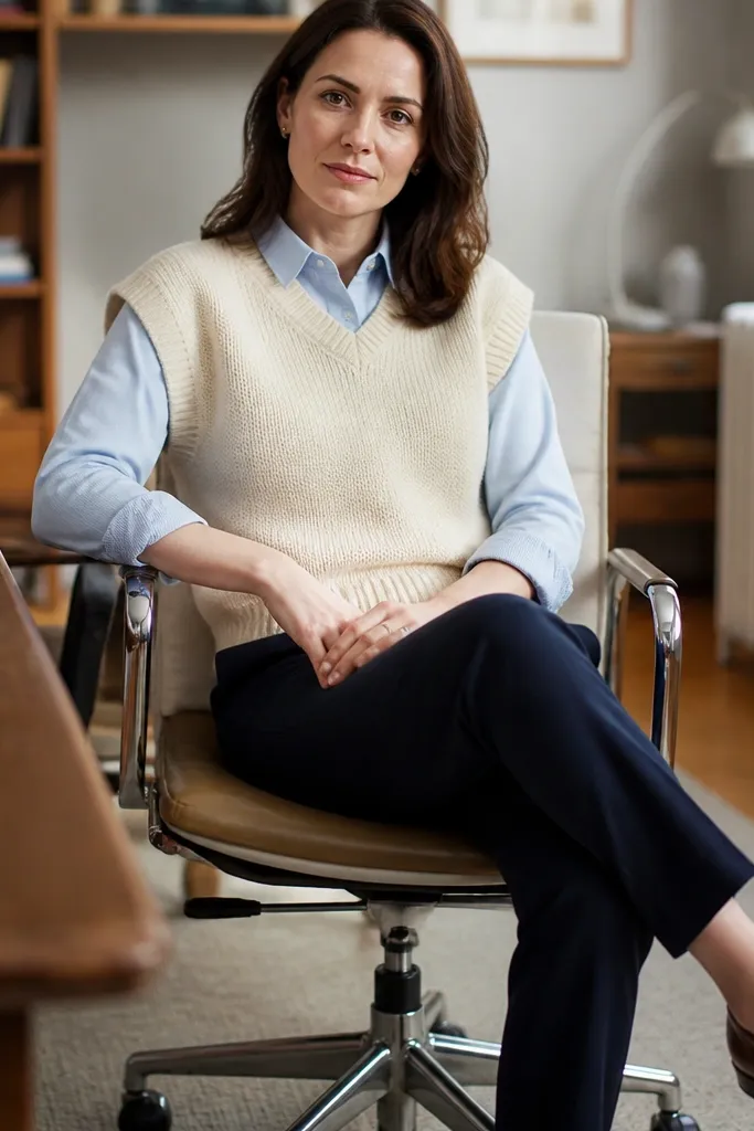 Ivory sweater vest over a light blue button-down with navy trousers and brown loafers