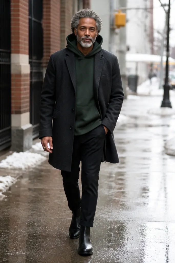 Forest green hoodie under a wool coat with black cigarette pants and dark boots