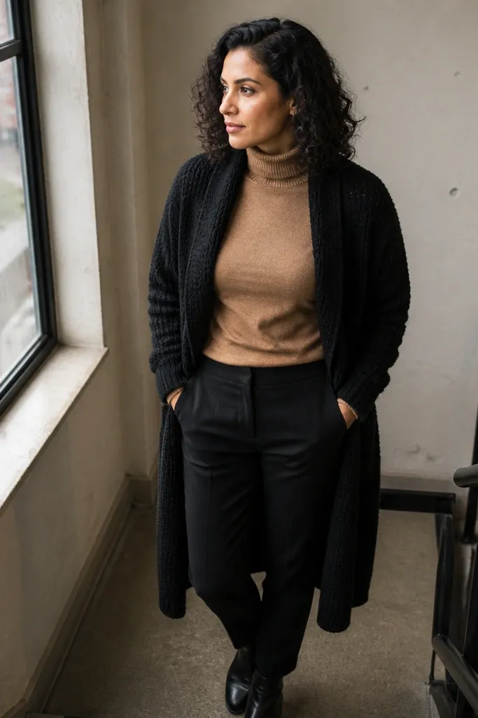 Camel turtleneck with black straight trousers and a long black knit cardigan and black ankle boots