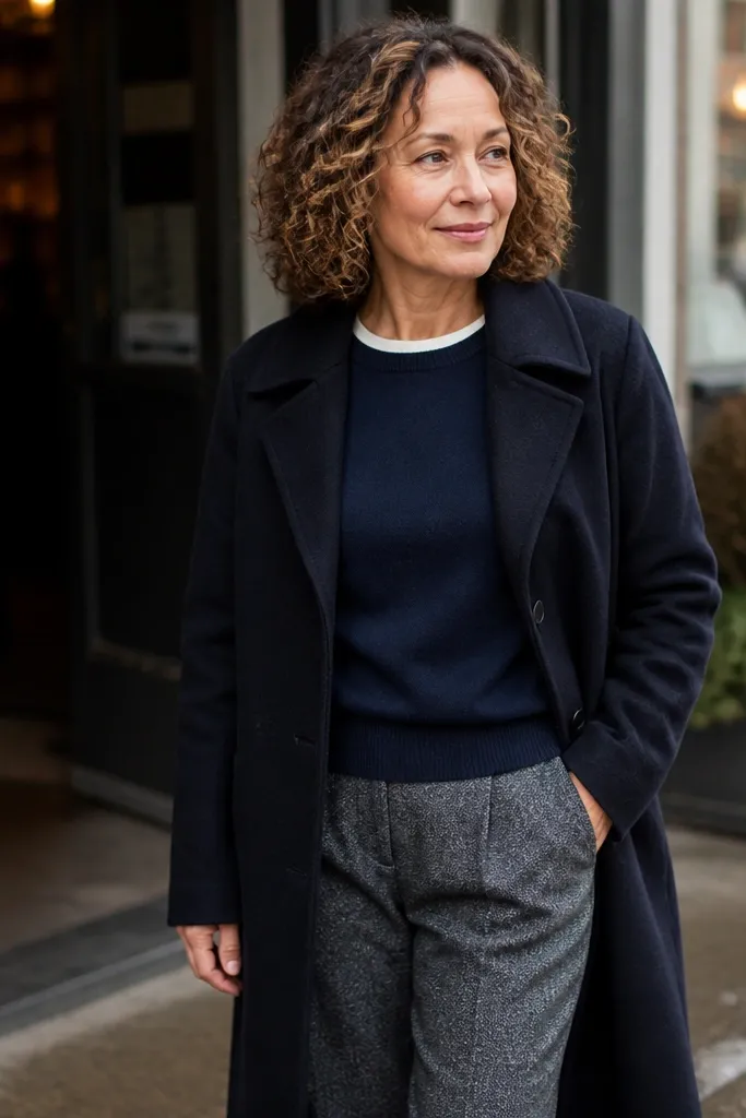 White thermal under a navy crew sweater with gray wool pants and brown boots