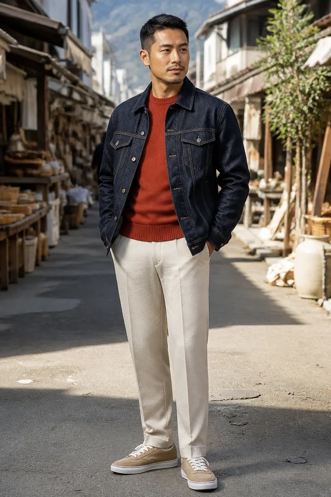Rust sweater with cream trousers and a dark denim jacket and tan sneakers