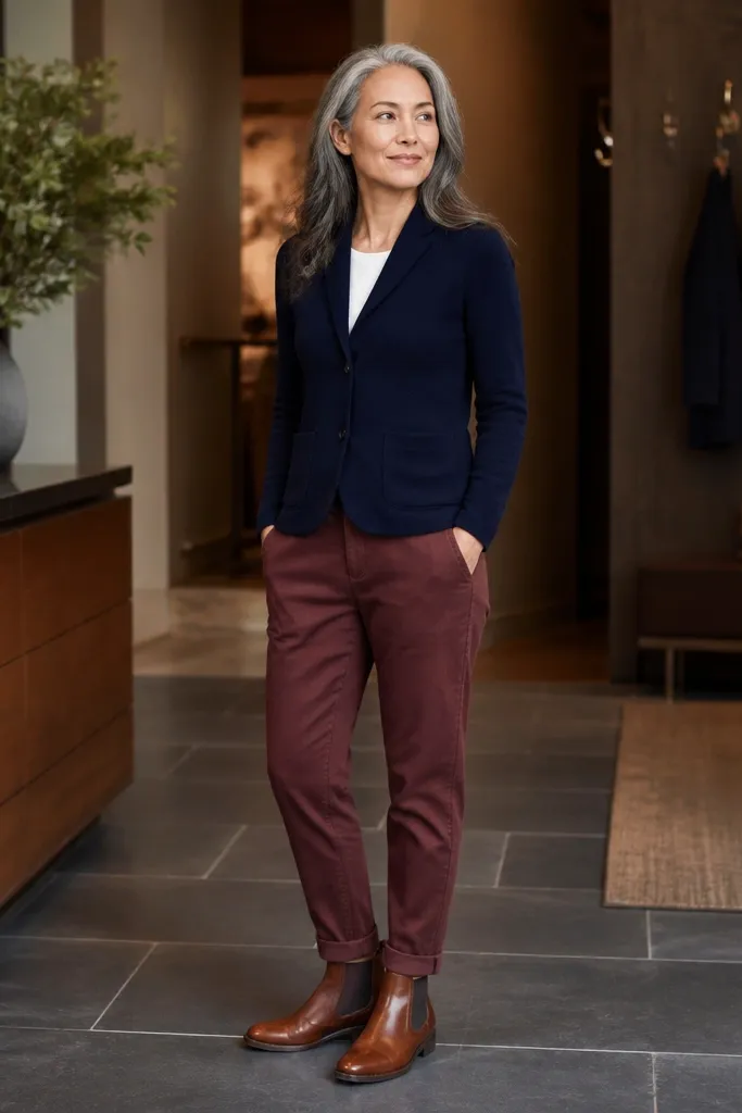 Navy blazer-style sweater over a shirt with burgundy chinos and brown Chelsea boots