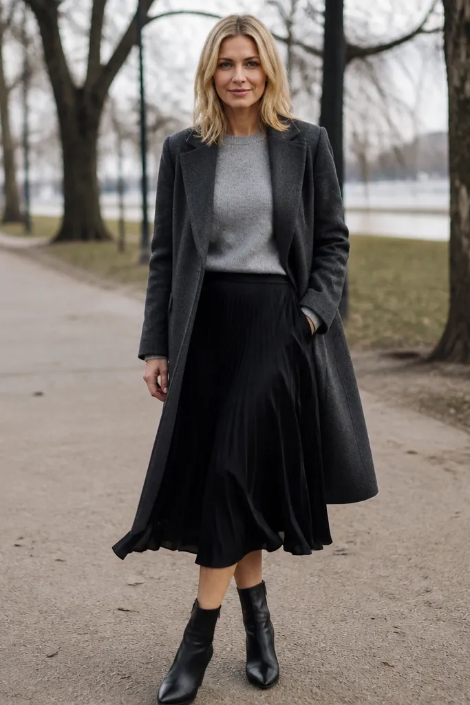 Gray sweater with a black midi skirt and a charcoal overcoat and black ankle boots