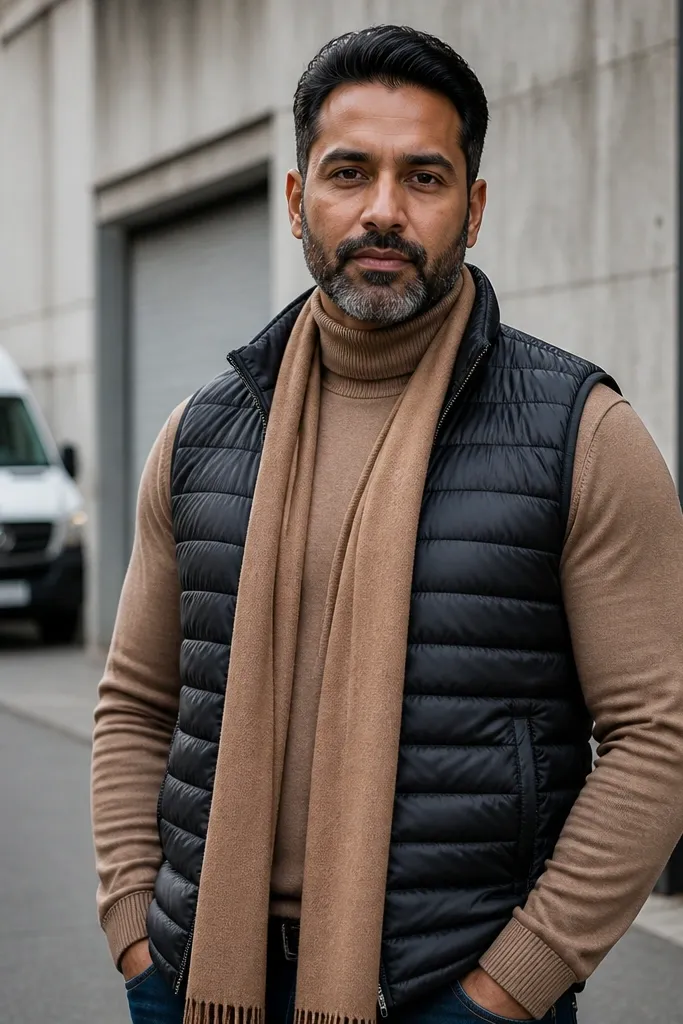 Camel turtleneck with a black quilted vest, dark jeans, and a long scarf with boots