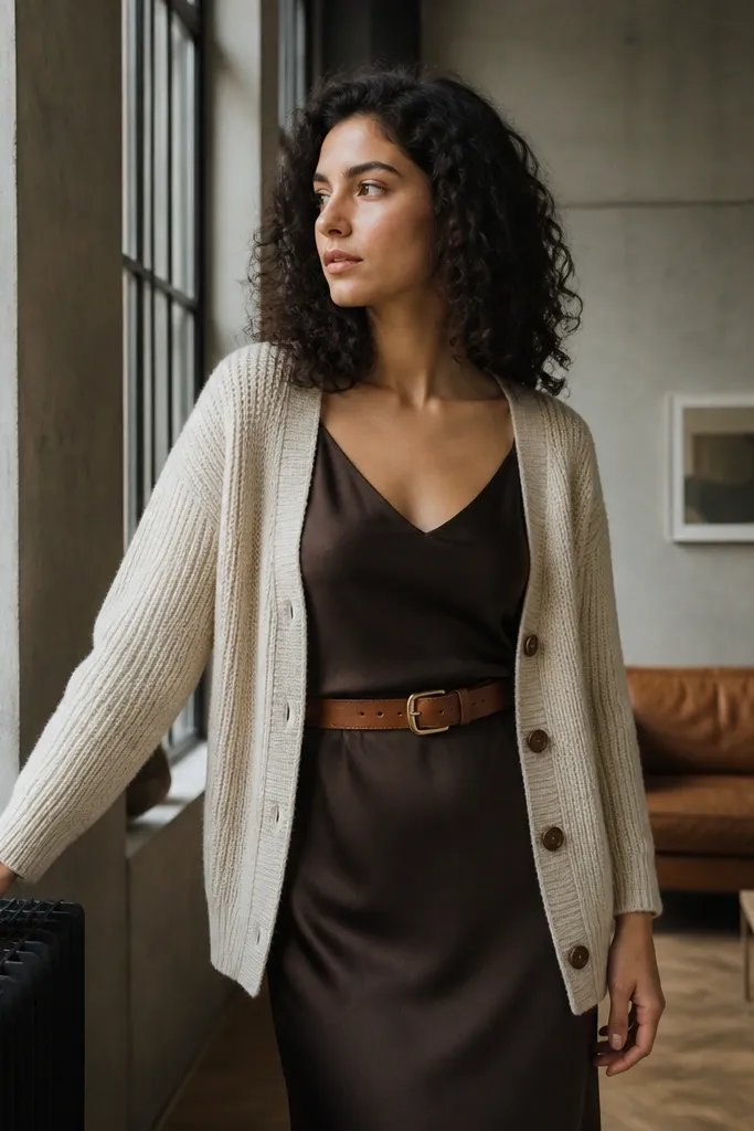Chocolate slip dress with cognac belt, cream cardigan, and tan heeled sandals
