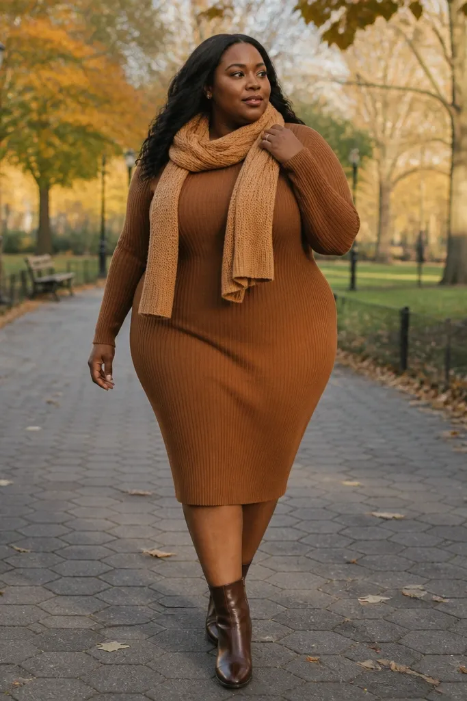 Caramel sweater dress with espresso ankle boots and a camel scarf