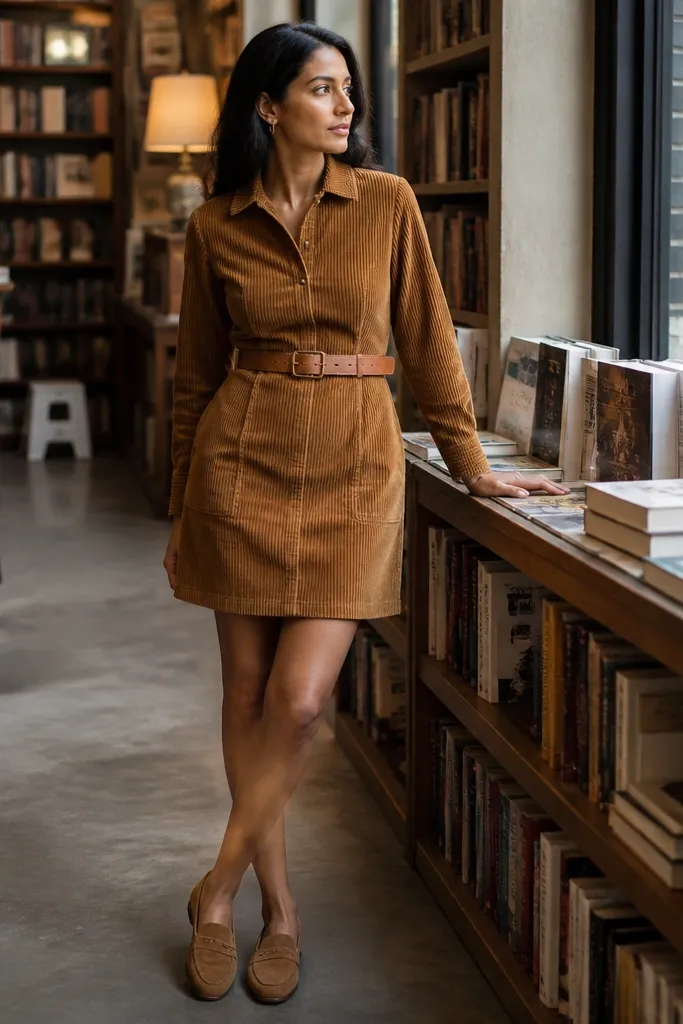 Caramel corduroy mini dress with tan belt and tan suede loafers