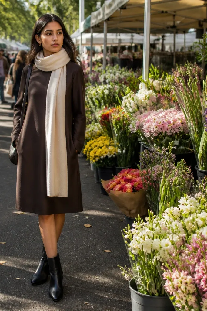 Espresso shift dress with long cream scarf and black ankle boots